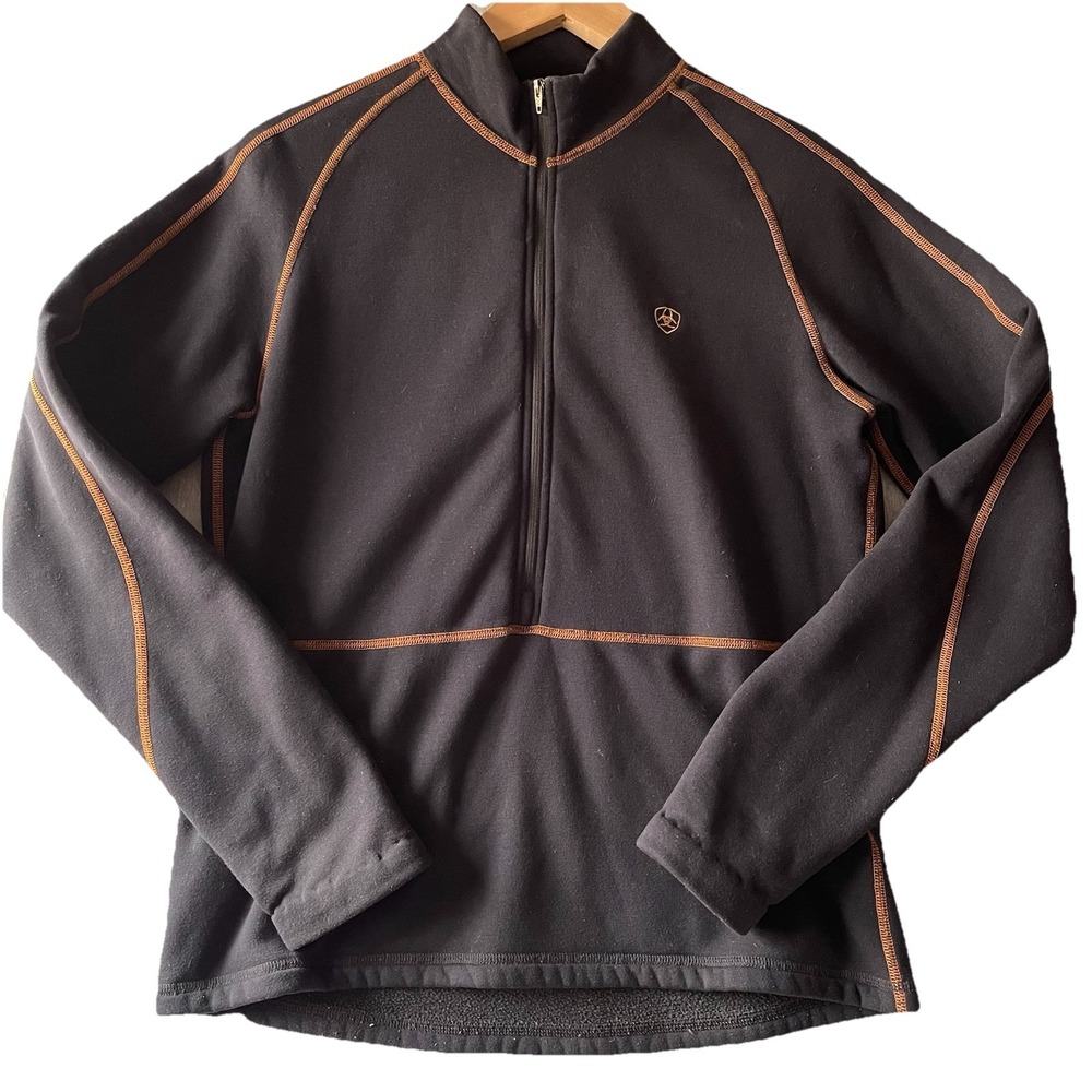 Ariat Mens Quarter Zip Pullover M Black Copper Stitching Fleece Equestrian Fall